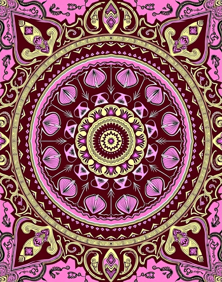 Vibrant Pink Yellow Medallion Mandala Rug