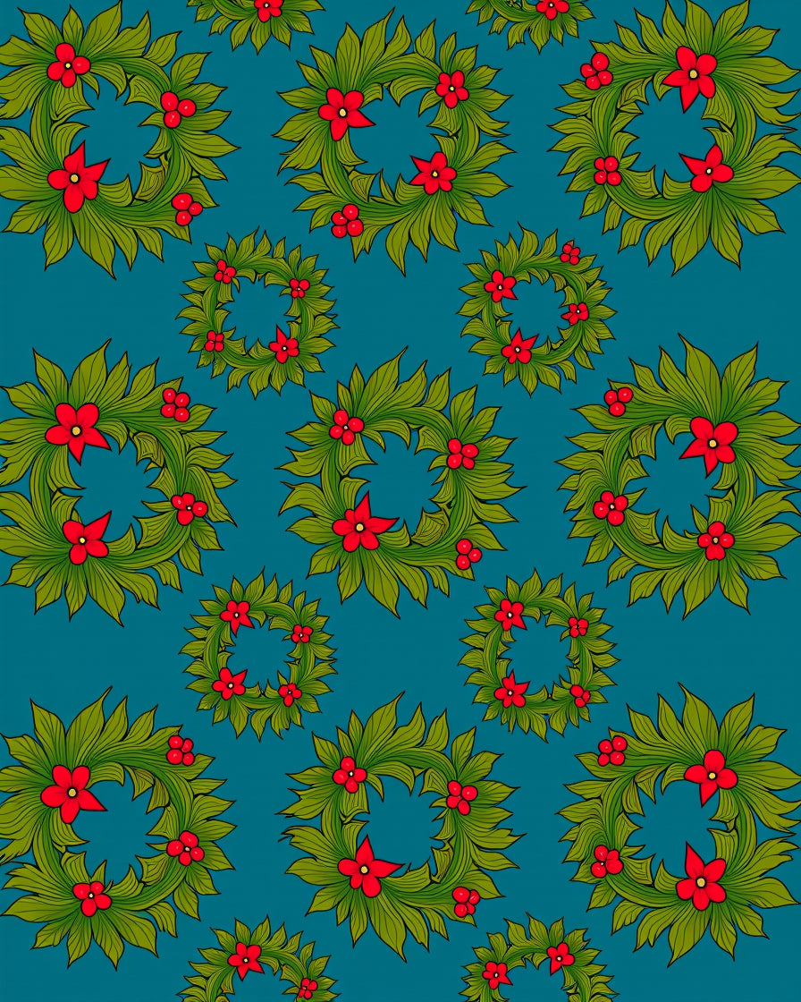Green Leaf Red Berry Wreath Rug