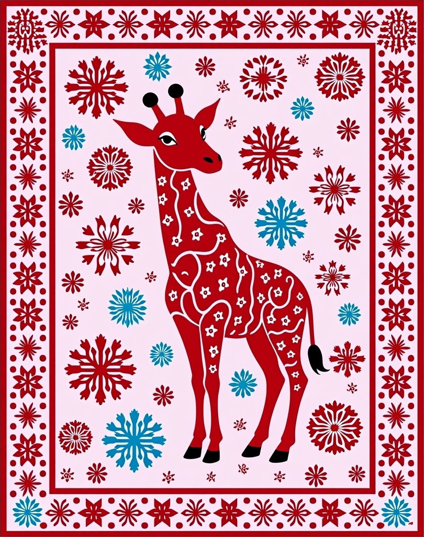 Red Giraffe with Snowflakes Border Rug