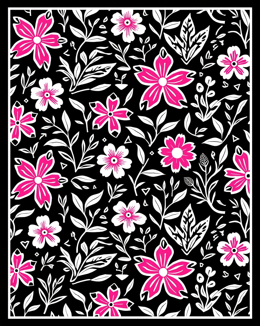 Bold Pink Blooming Branches Botanical Black Rug