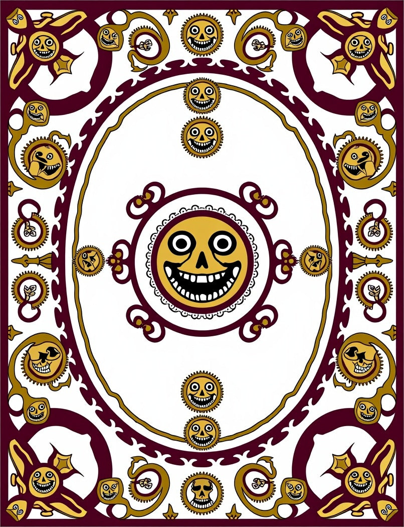 Whimsical Gold Sun Faces Burgundy Frame Rug
