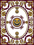 Whimsical Gold Sun Faces Burgundy Frame Rug
