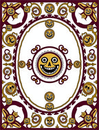Whimsical Gold Sun Faces Burgundy Frame Rug
