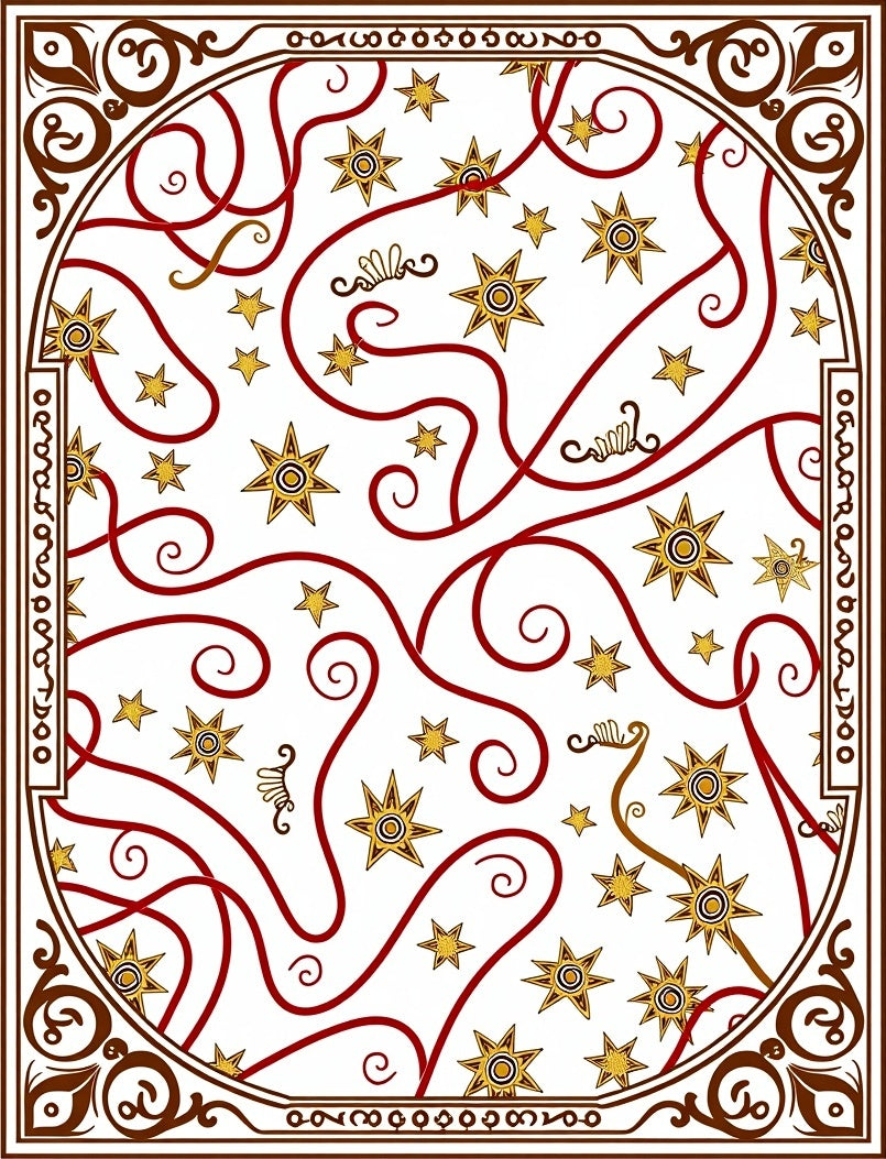 Ornate Gold Star Swirls Red Border Rug