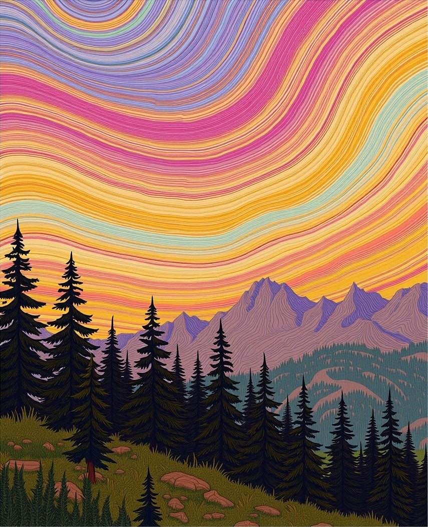 Vibrant Sunset Swirl Mountain Forest Rug