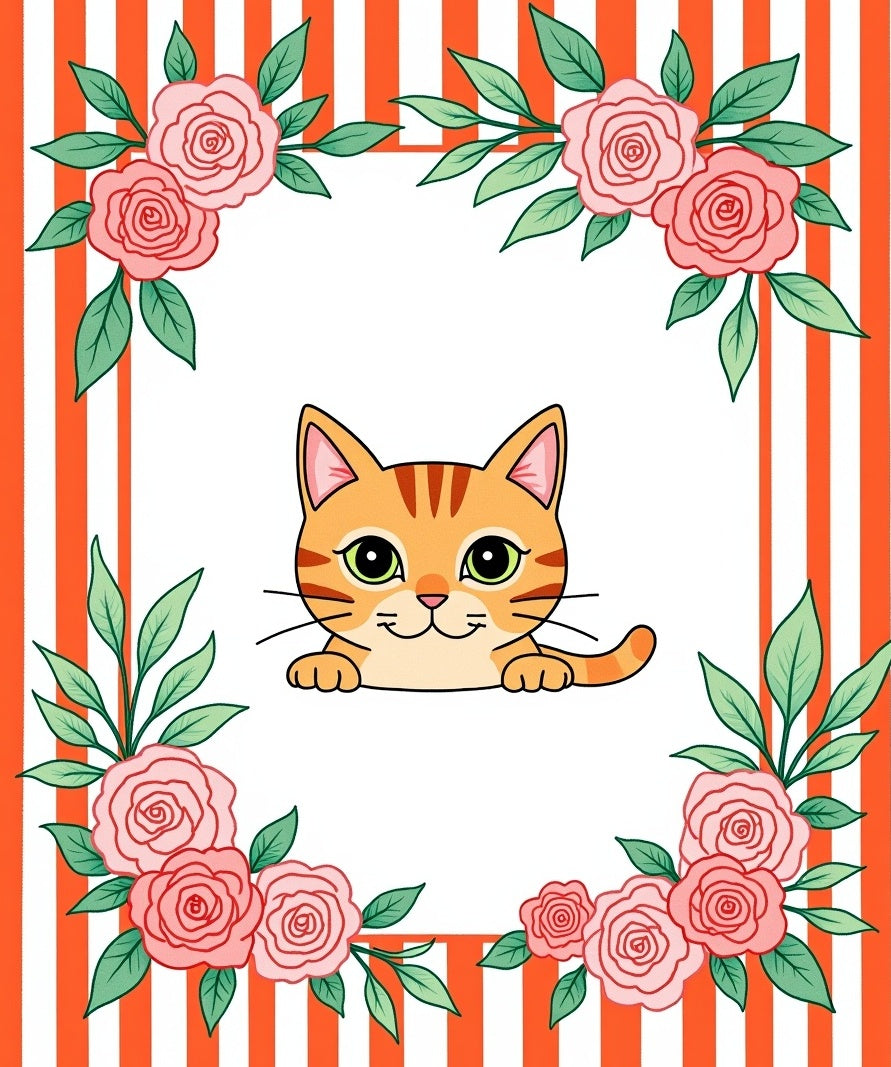 Whimsical Orange Striped Pink Rose Cat Rug