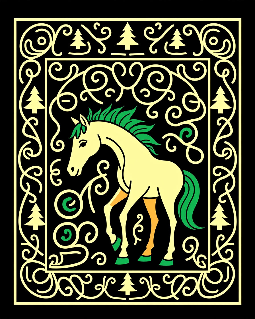 Yellow Horse With Green Mane Border Rug