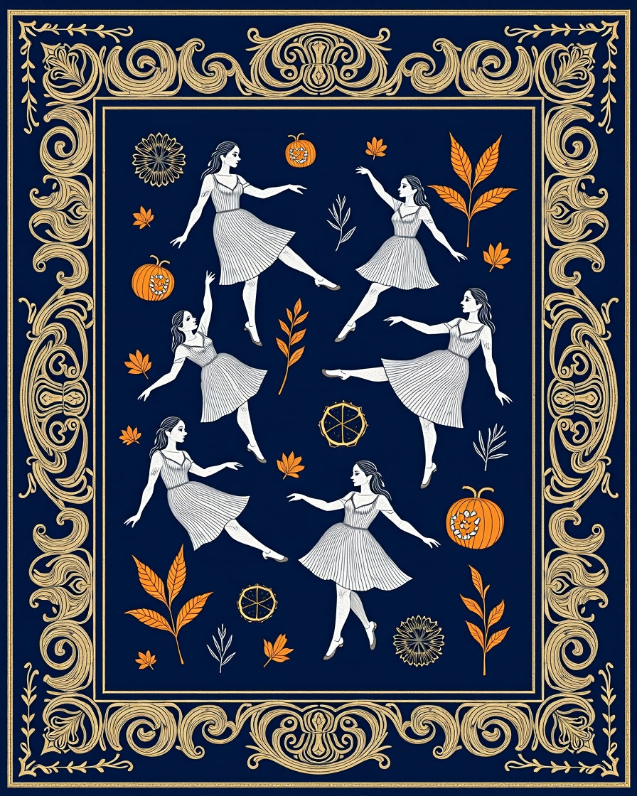 Dancing Figures Orange Pumpkins Autumn Border Rug