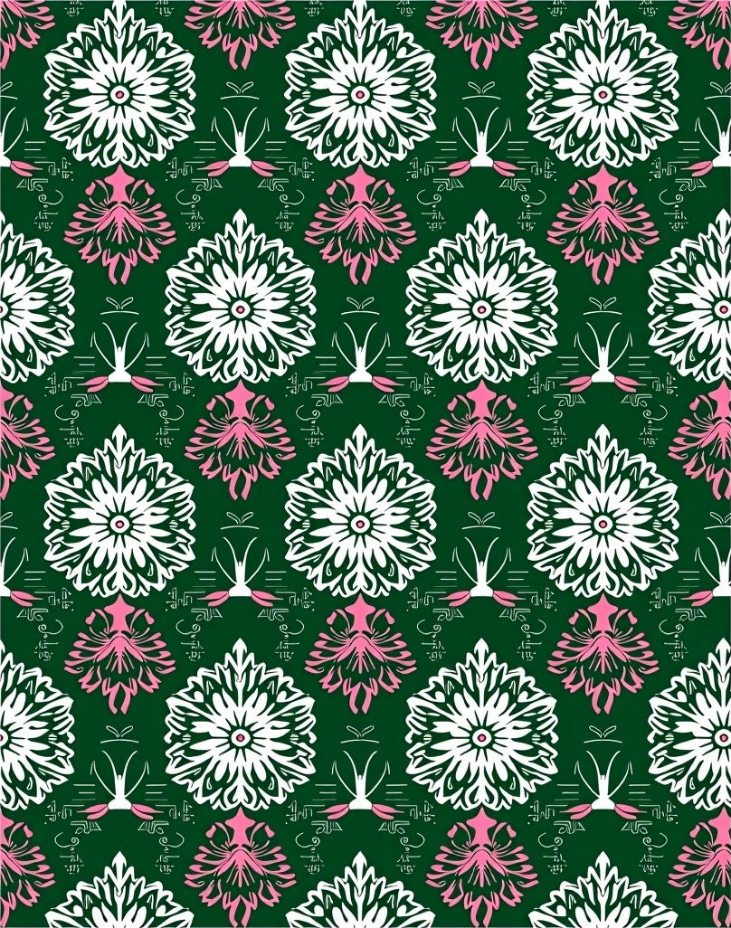 Art Deco Emerald White Pink Floral Rug