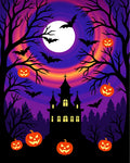 Spooky Mansion Purple Orange Sky Bats Pumpkins Rug