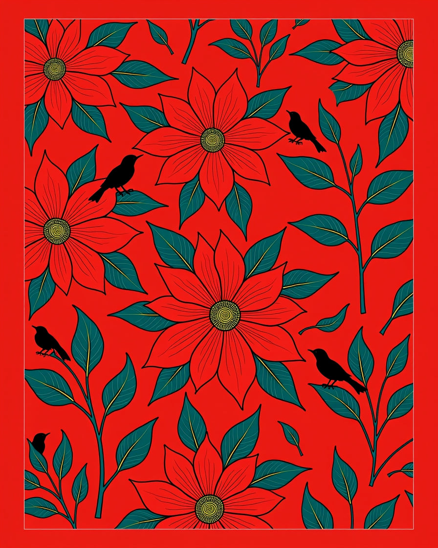 Crimson Red Floral Bird Branches Rug