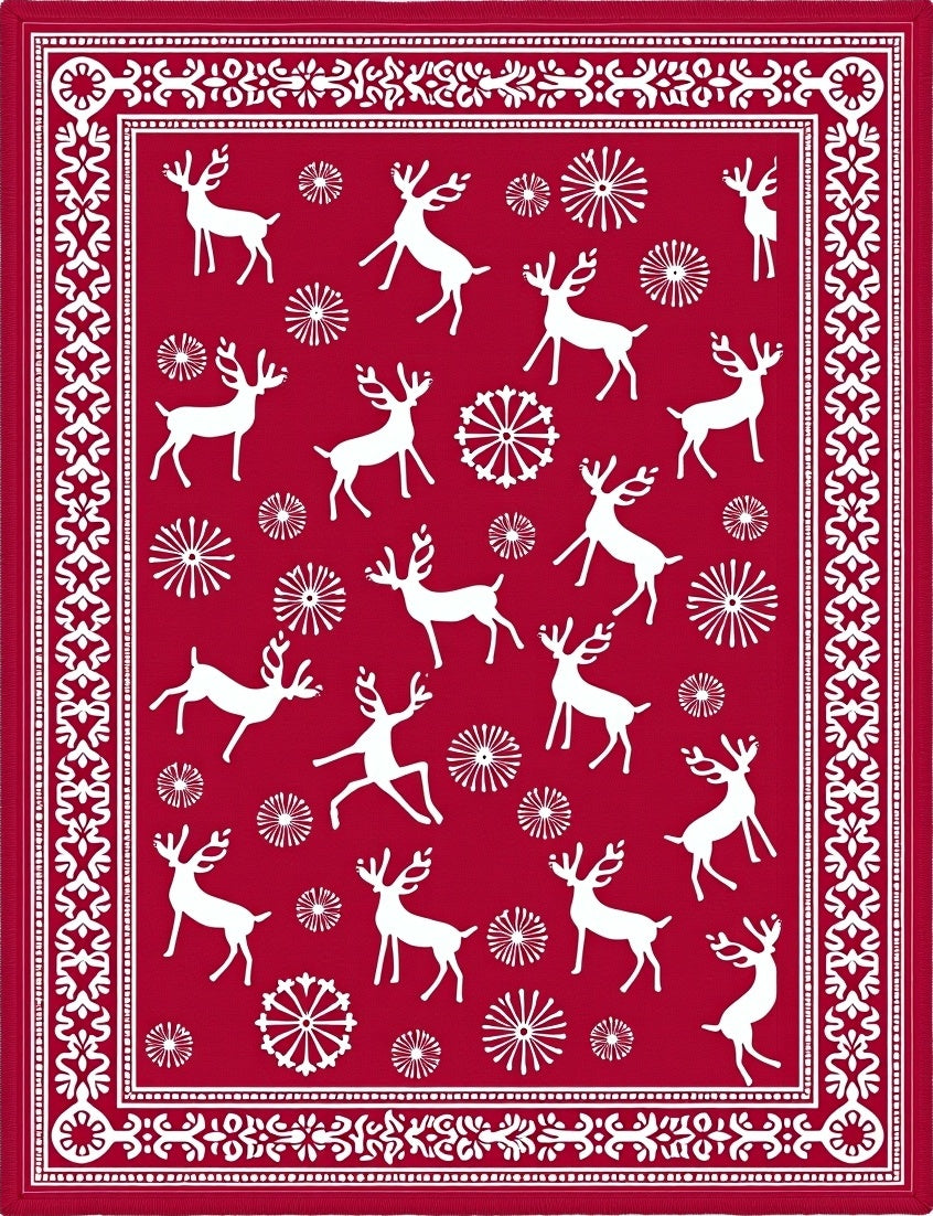 Red White Reindeer Snowflake Christmas Rug