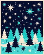 Midcentury Teal Starry Forest Scene Rug