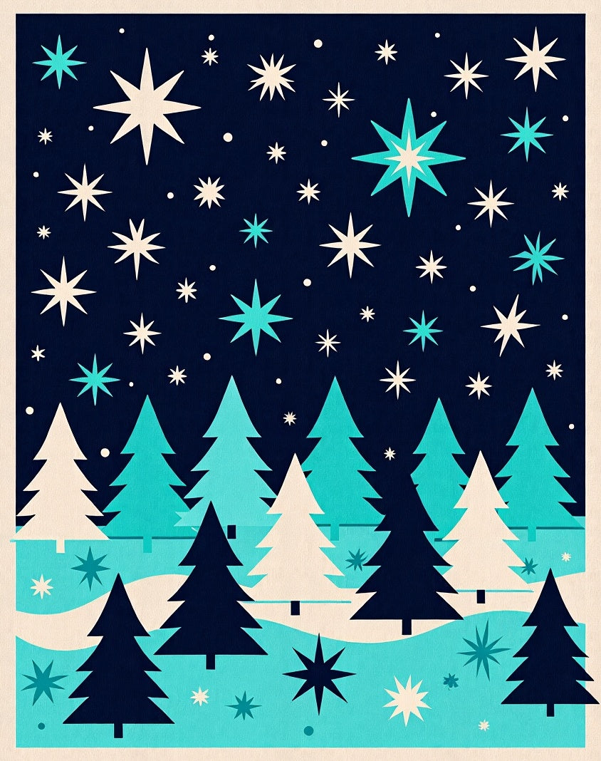 Midcentury Teal Starry Forest Scene Rug