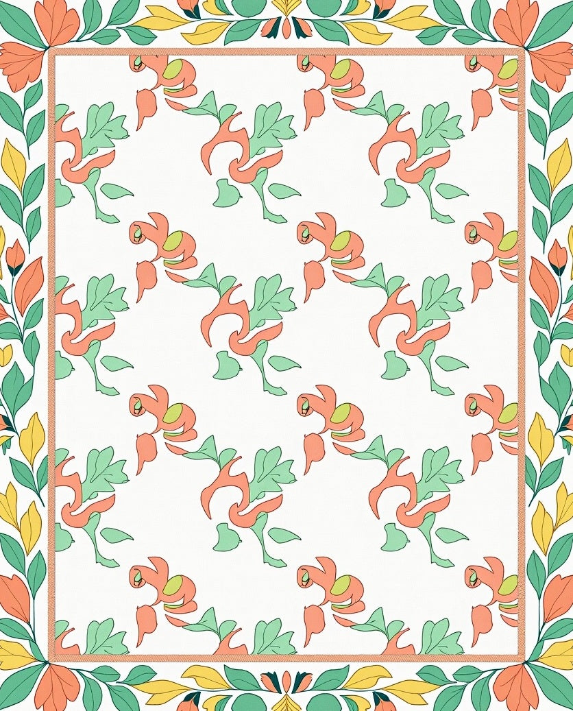 Coral Green Leafy Vine Border Rug