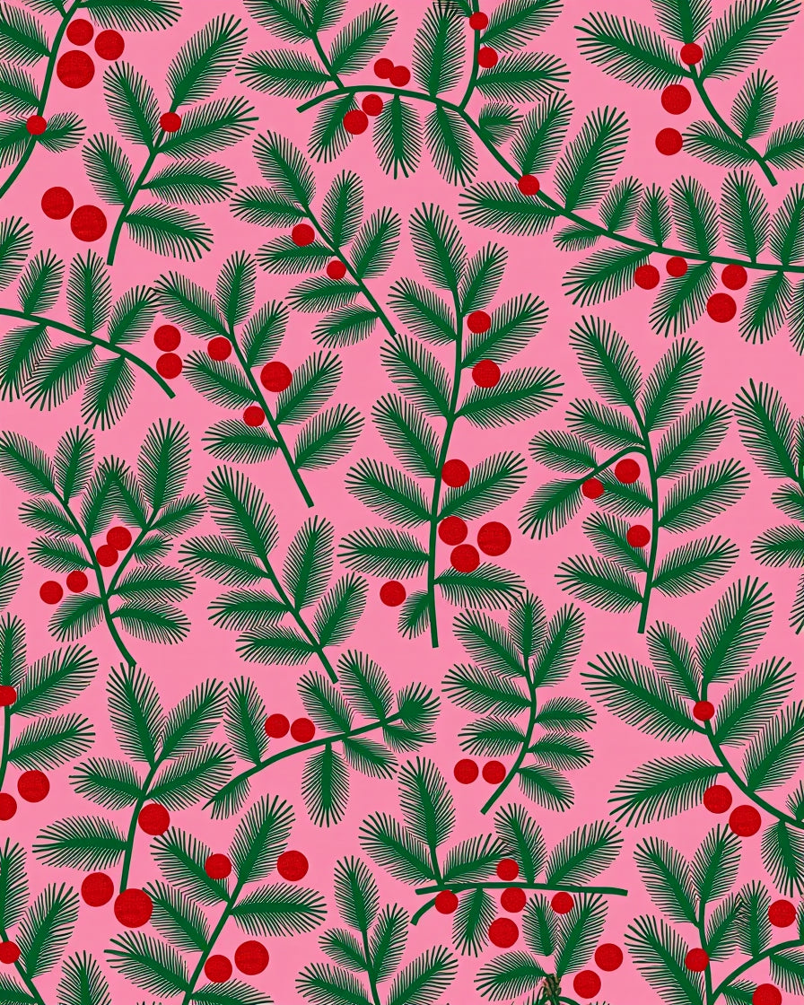 Pink Green Berry Pine Branch Rug