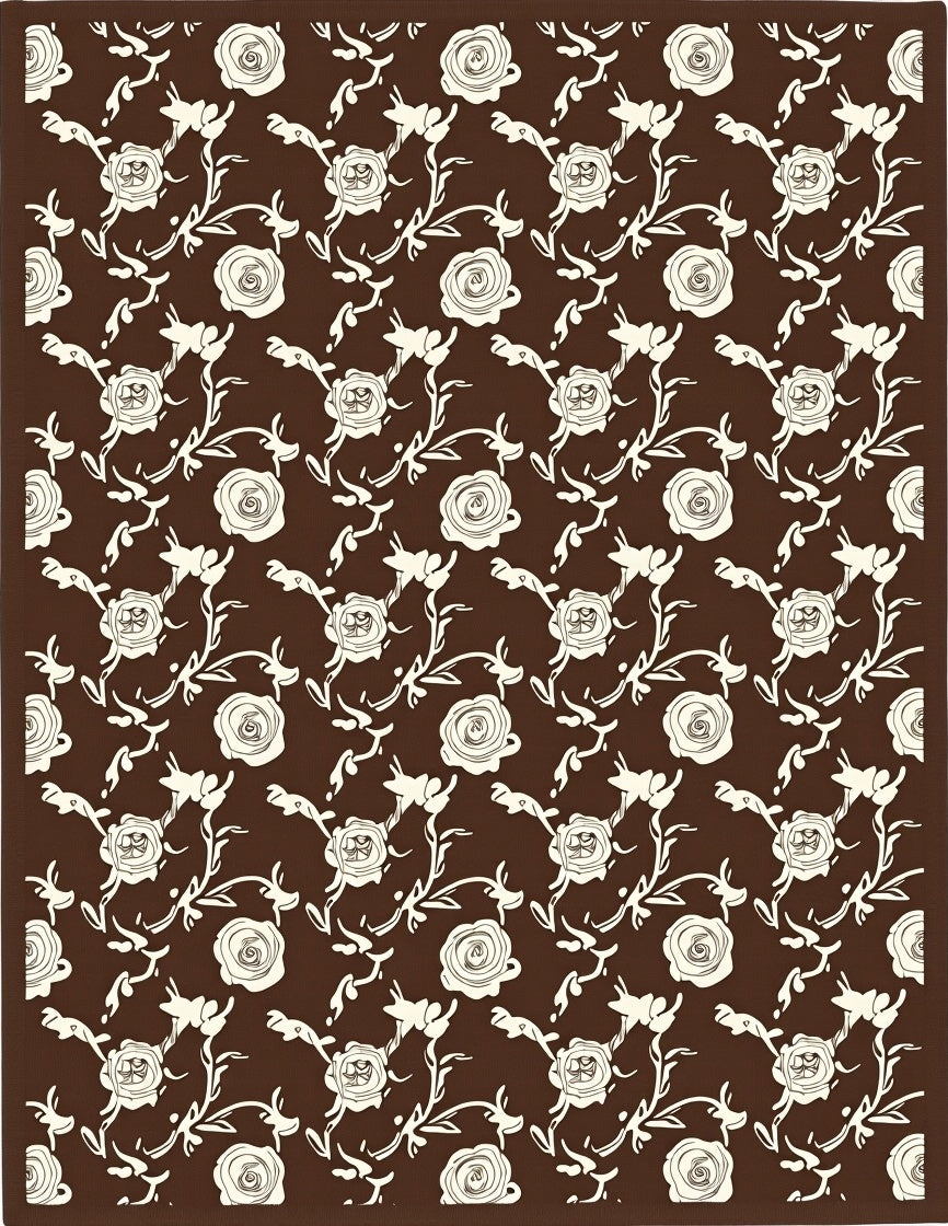 Brown Ivory Rose Vine Scroll Rug