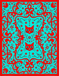 Red Teal Whimsical Floral Cat Rug