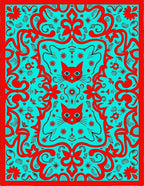 Red Teal Whimsical Floral Cat Rug
