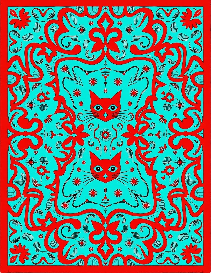 Red Teal Whimsical Floral Cat Rug