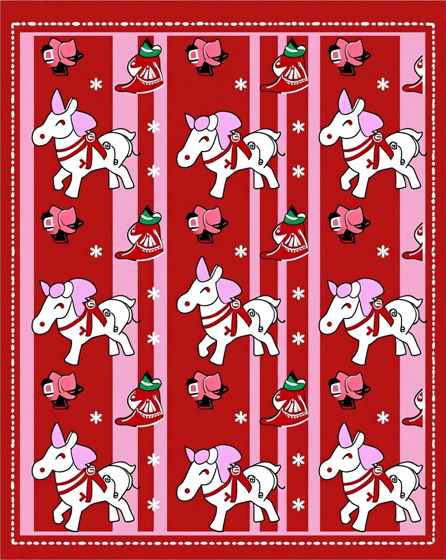 Festive White Horses Pink Mane Red Stripes Rug