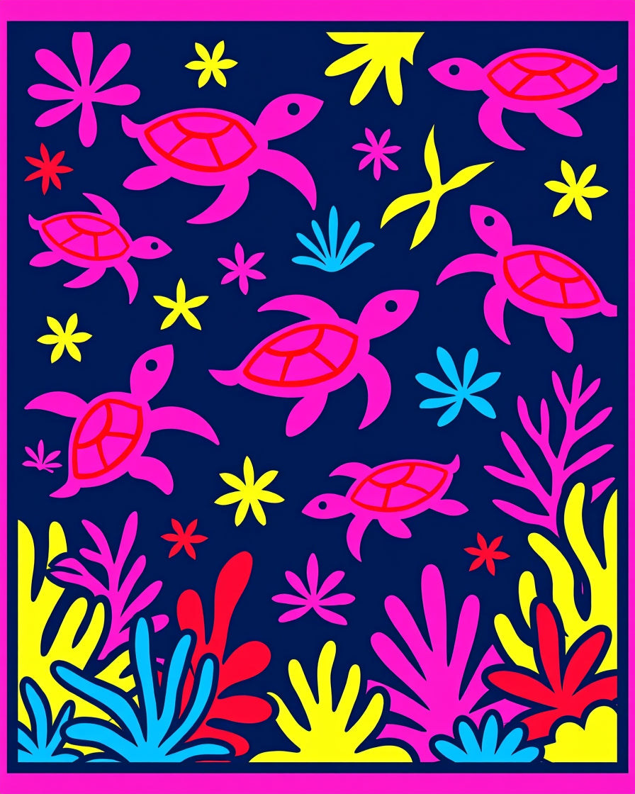 Bright Pink Sea Turtle Coral Scene Rug