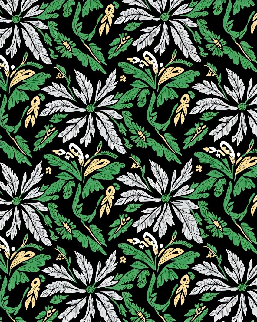 Bold Black Green White Floral Garden Rug