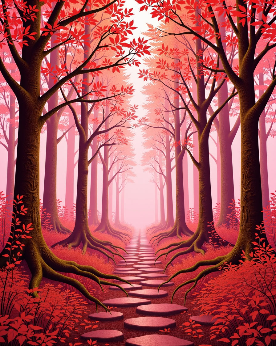 Crimson Forest Path Surrealism Rug