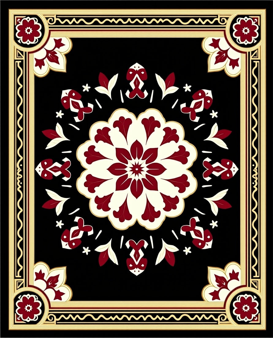 Deep Red Floral Medallion Frame Rug