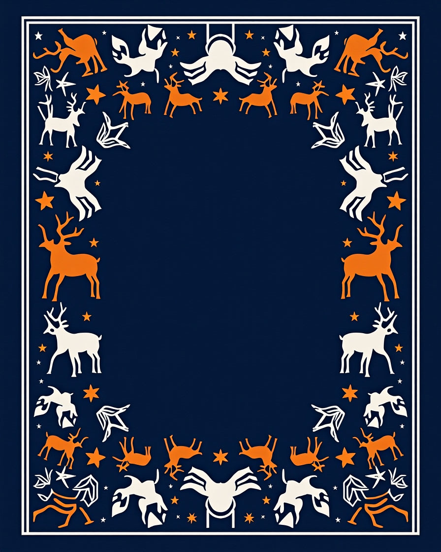 Orange White Deer Star Navy Border Rug
