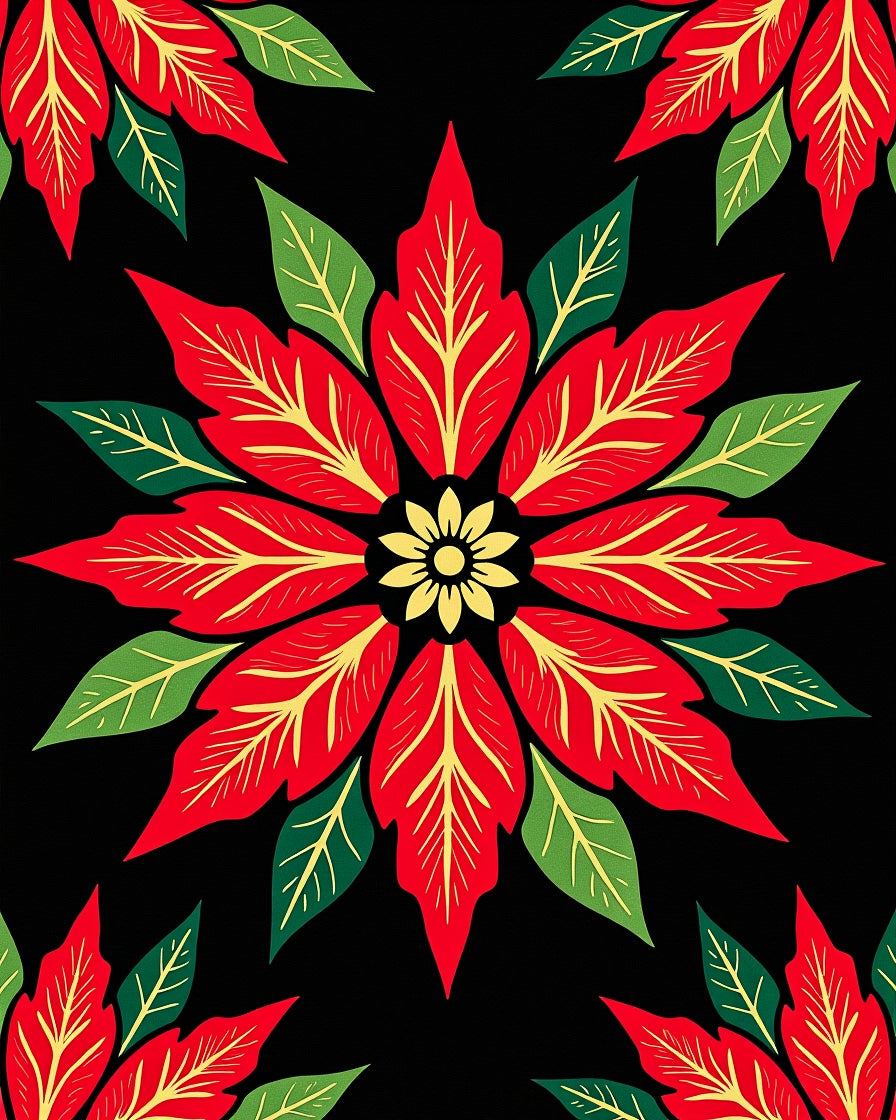 Bold Red Poinsettia Floral Symmetry Rug