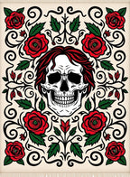 Skull Red Roses Floral Scroll Rug