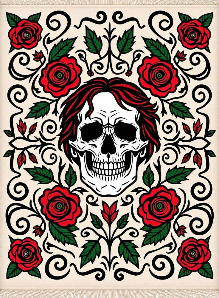 Skull Red Roses Floral Scroll Rug