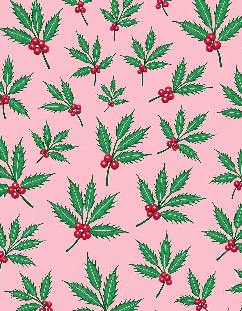 Pink Holly Berry Leaf Arrangement Rug