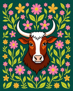 Whimsical Brown Cow Floral Burst Rug