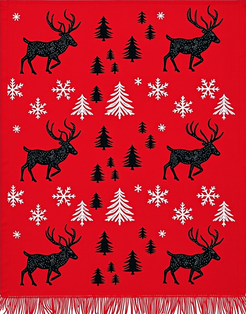 Crimson Reindeer Snowflake Forest Scene Rug