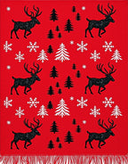 Crimson Reindeer Snowflake Forest Scene Rug