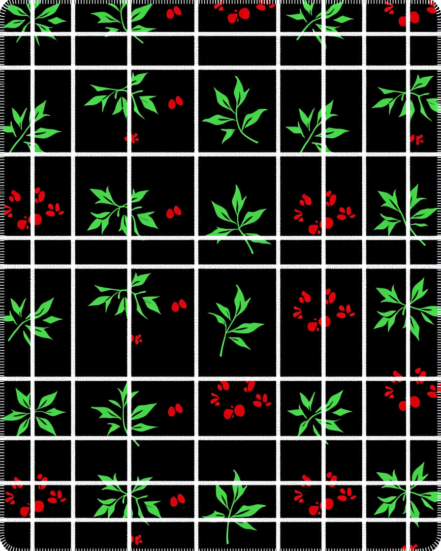 Black Grid Red Berry Green Leaf Rug