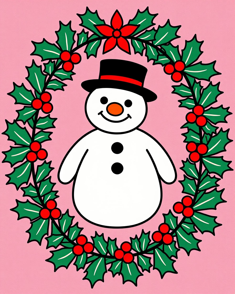 Pink Holly Wreath Snowman Holiday Rug