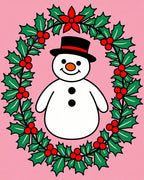 Pink Holly Wreath Snowman Holiday Rug