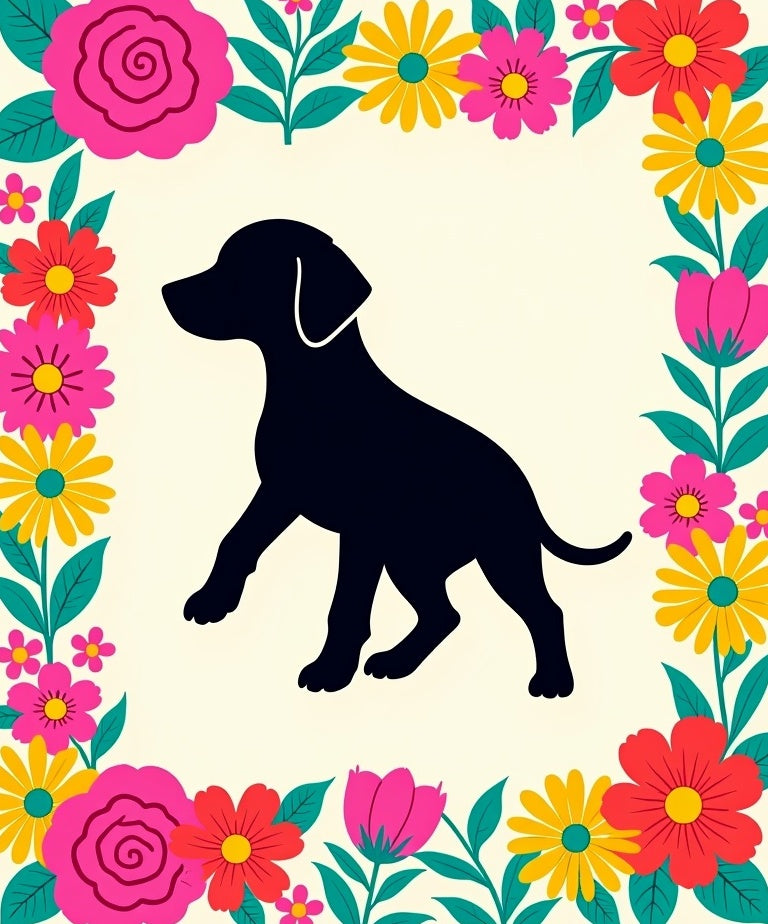 Vibrant Floral Border Black Dog Silhouette Rug