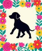 Vibrant Floral Border Black Dog Silhouette Rug