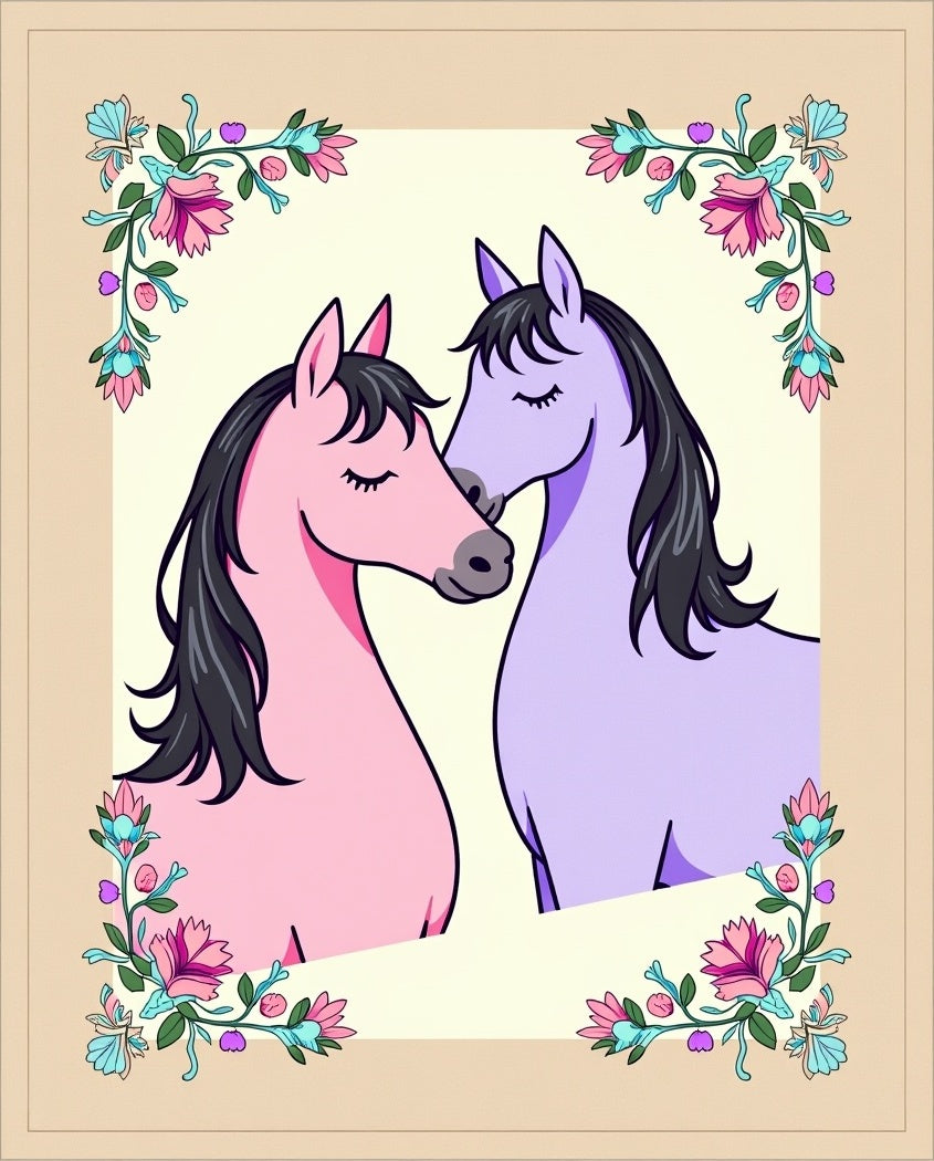 Pink Purple Horses Floral Wreath Rug