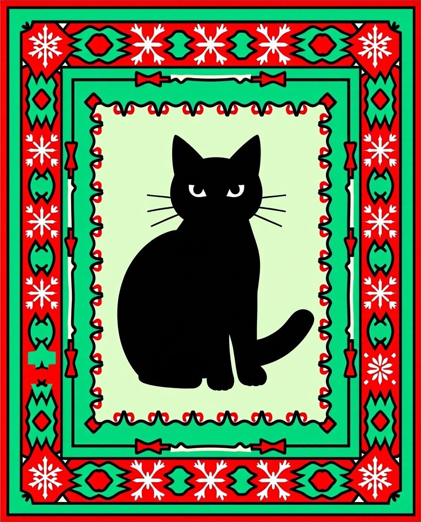 Black Cat Holiday Snowflake Border Rug