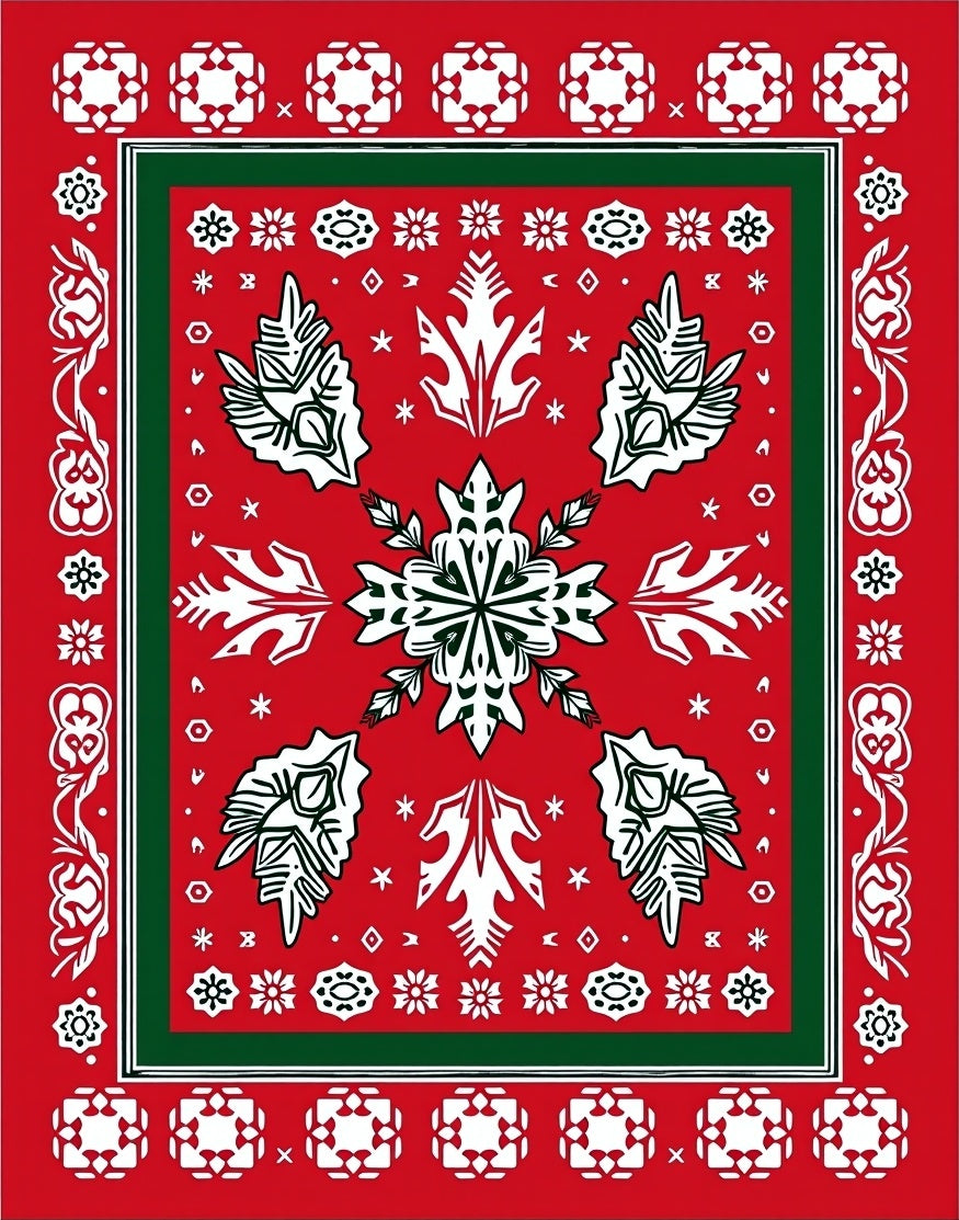 Festive Red White Green Snowflake Medallion Rug