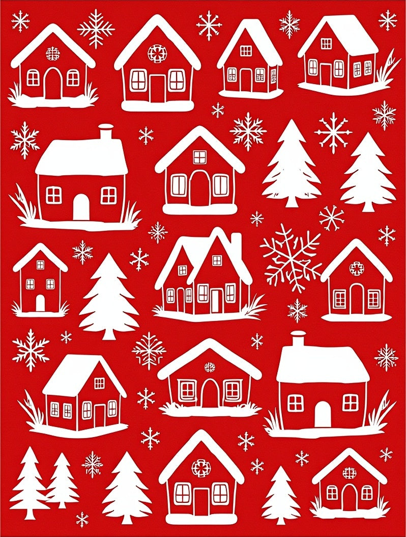 Festive Red Winter Village Snowflakes Rug