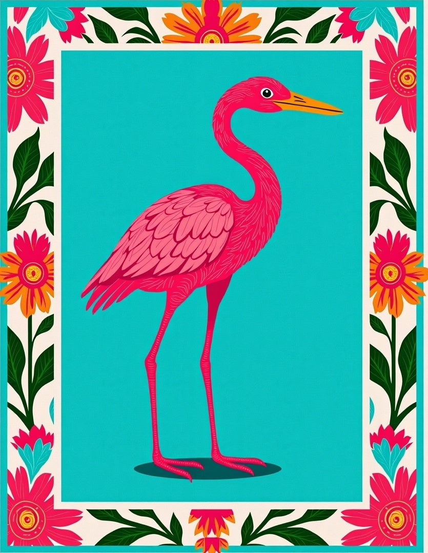 Vibrant Pink Flamingo Tropical Floral Border Rug