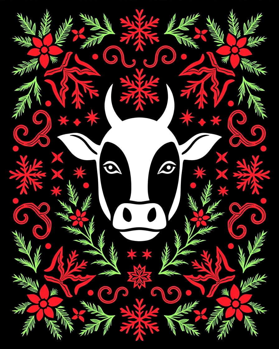 White Bull With Red Green Festive Accents Rug