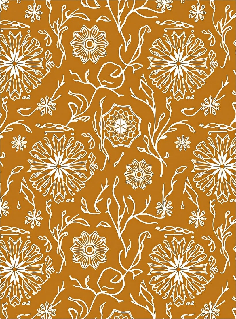 Earthy Ochre White Floral Vine Medallion Rug