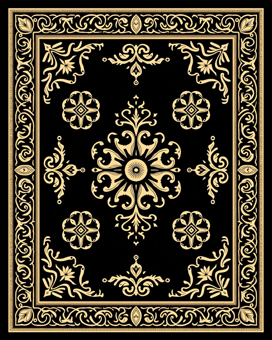 Golden Floral Medallion Black Border Rug